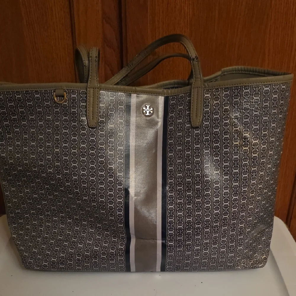 Tory Burch Gray Logo Canvas Tote with Center Stripe